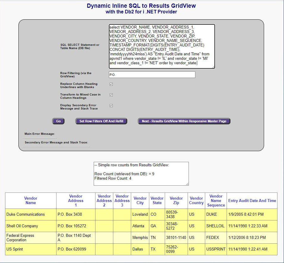 Dynamic Inline SQL to Results GridView demonstrating 2 types of filtering and timestamp formulation (from decimal fields)